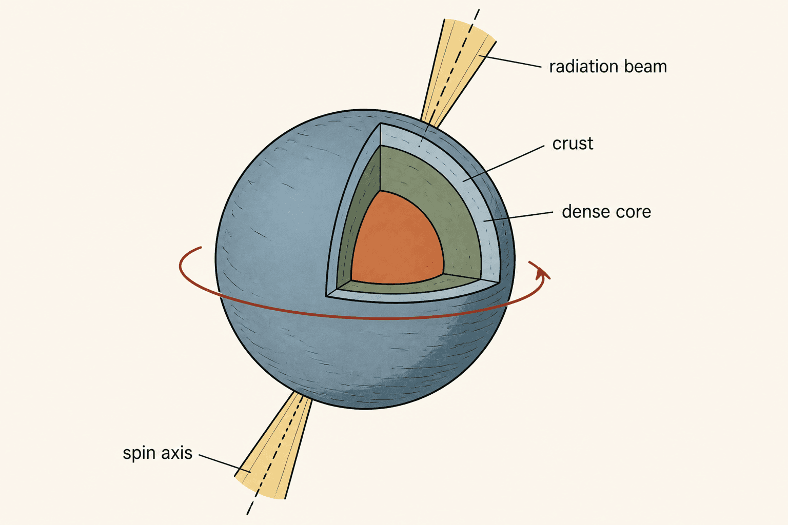 A cutaway drawing of a neutron star, labelled crust, dense core, radiation beam and spin axis.